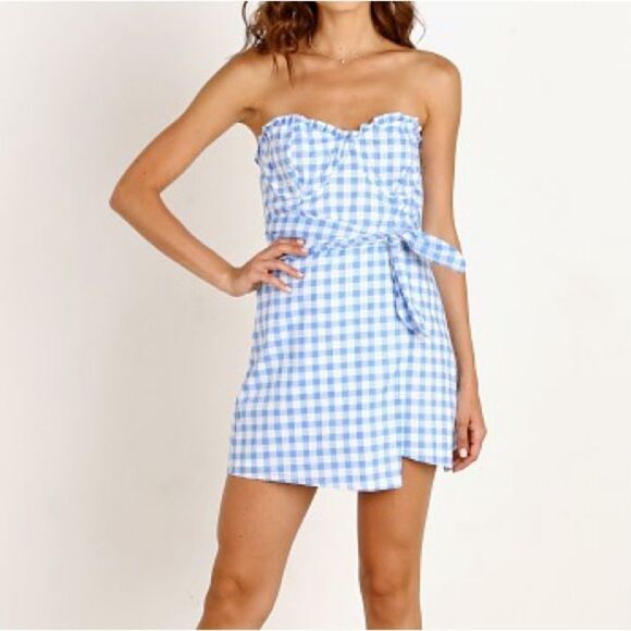 For Love and Lemons Dixie Mini Dress Strapless Sweetheart Neckline Blue Gingham - Picture 1 of 9
